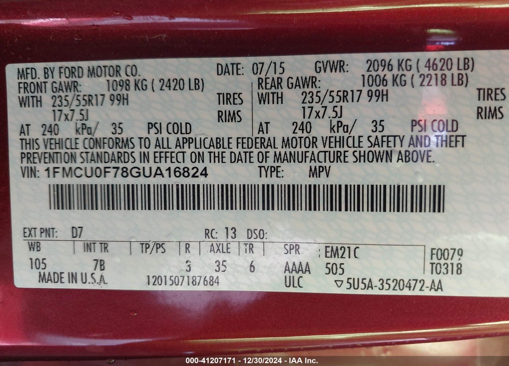 2016 FORD ESCAPE S VIN: 1FMCU0F78GUA16824