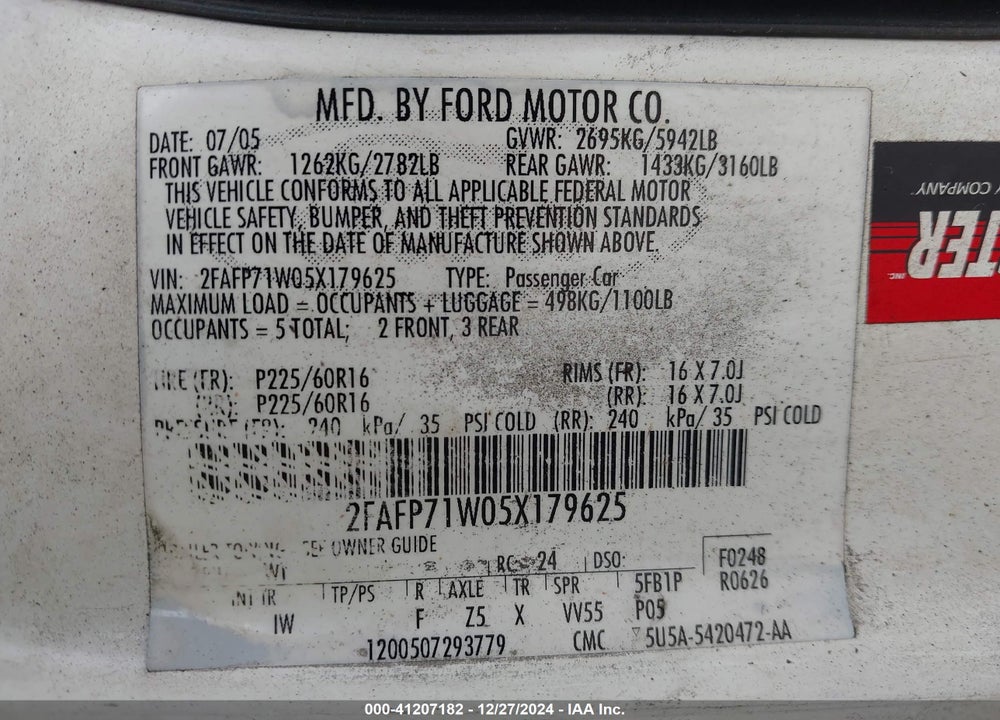 2005 FORD CROWN VICTORIA POLICE VIN: 2FAFP71W05X179625