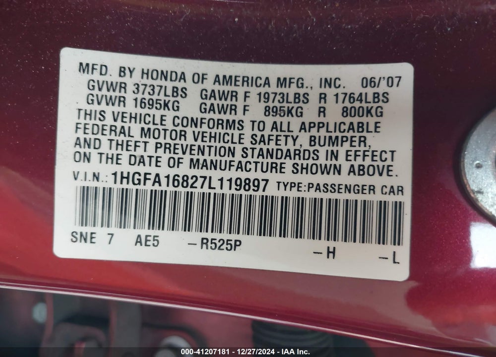 2007 HONDA CIVIC EX VIN: 1HGFA16827L119897
