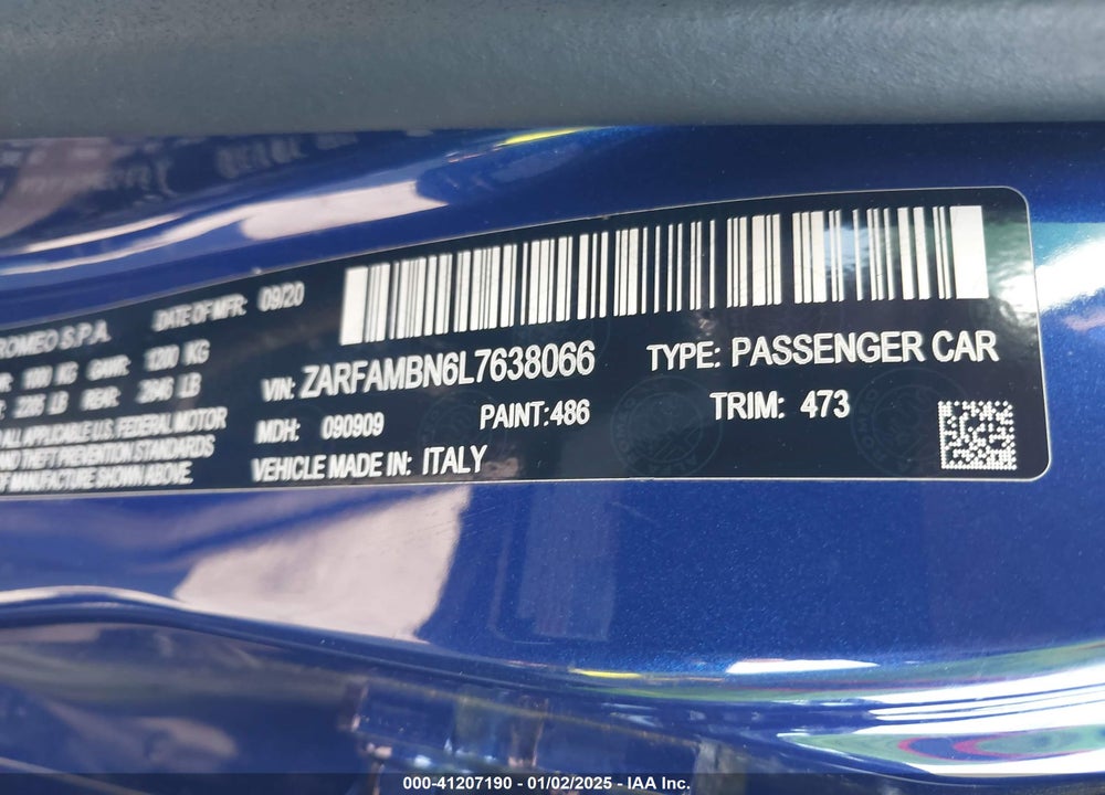 2020 ALFA ROMEO GIULIA VIN: ZARFAMBN6L7638066