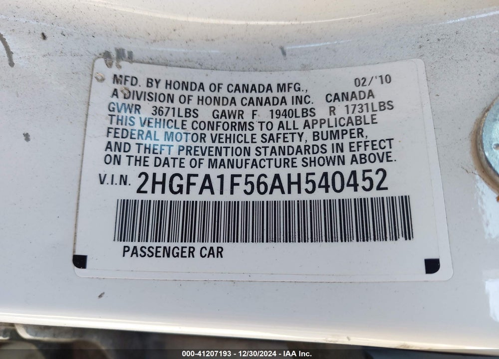 2010 HONDA CIVIC VIN: 2HGFA1F56AH540452