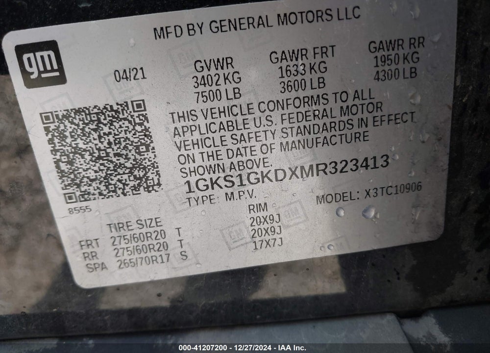 2021 GMC YUKON XL 2WD SLT VIN: 1GKS1GKDXMR323413