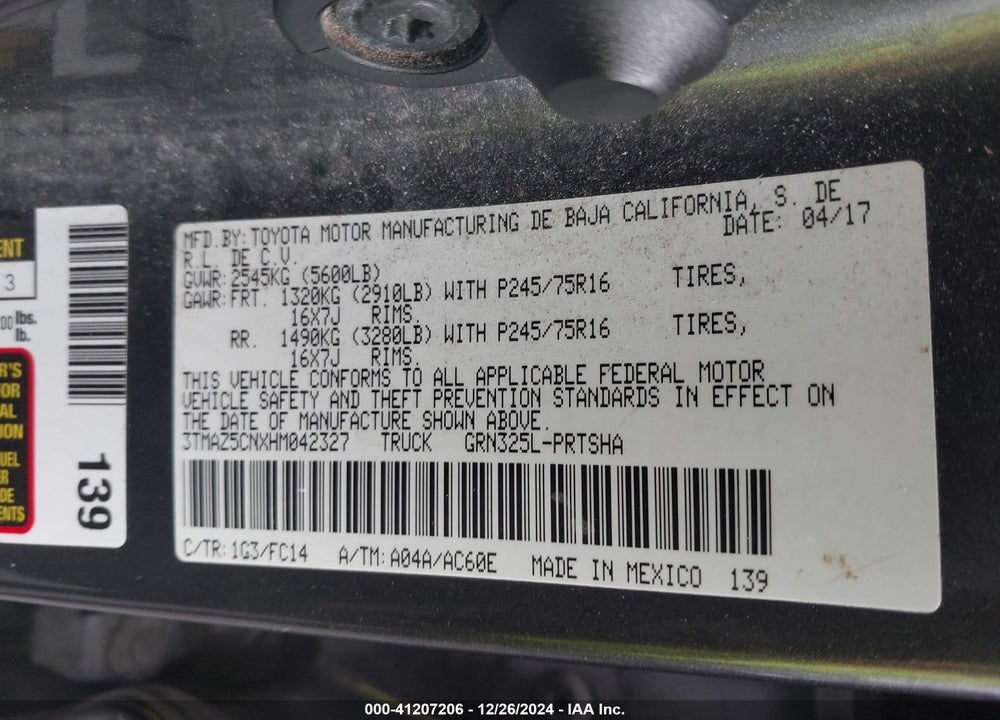 2017 TOYOTA TACOMA VIN: 3TMAZ5CNXHM042327