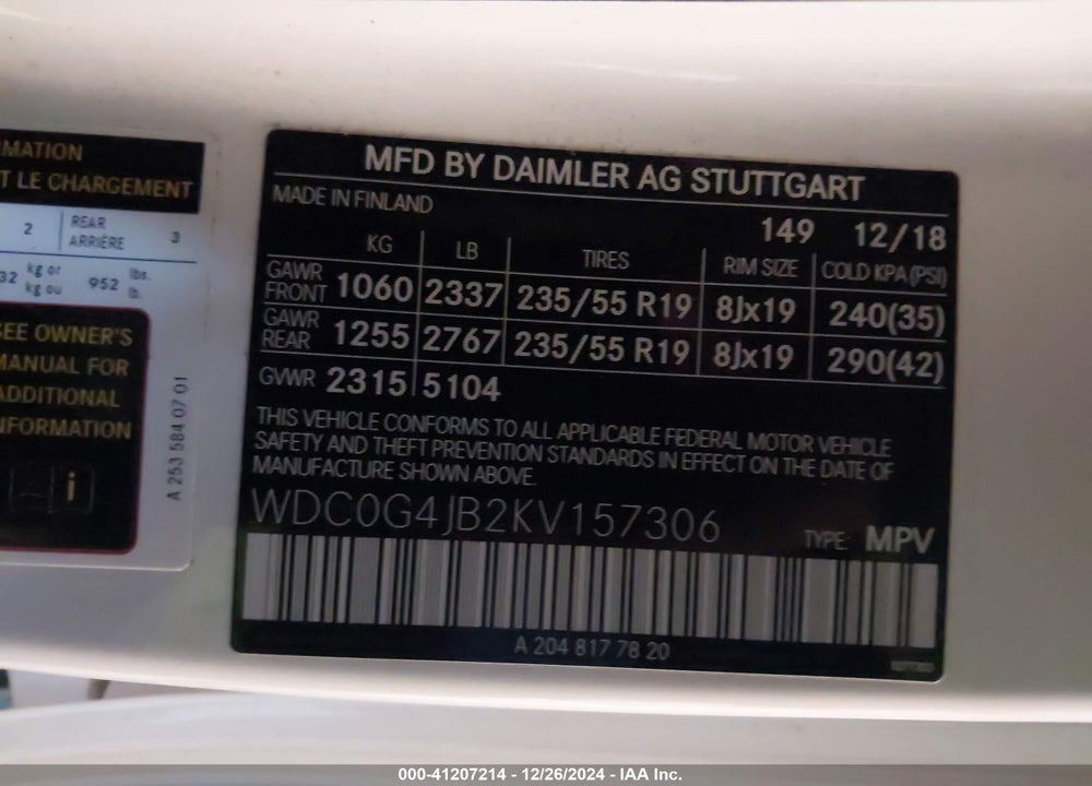 2019 MERCEDES-BENZ GLC 300 VIN: WDC0G4JB2KV157306