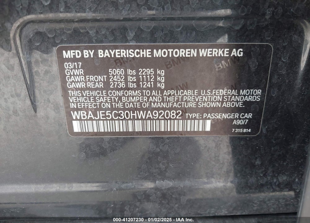 2017 BMW 540I VIN: WBAJE5C30HWA92082