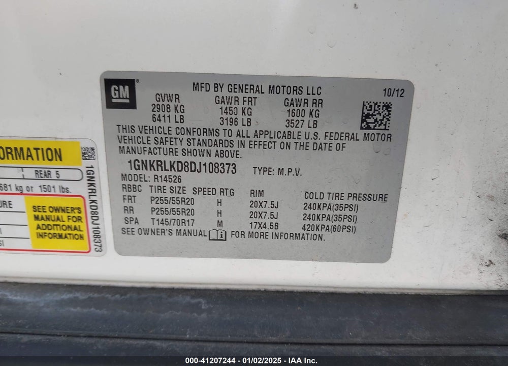 2013 CHEVROLET TRAVERSE LTZ VIN: 1GNKRLKD8DJ108373
