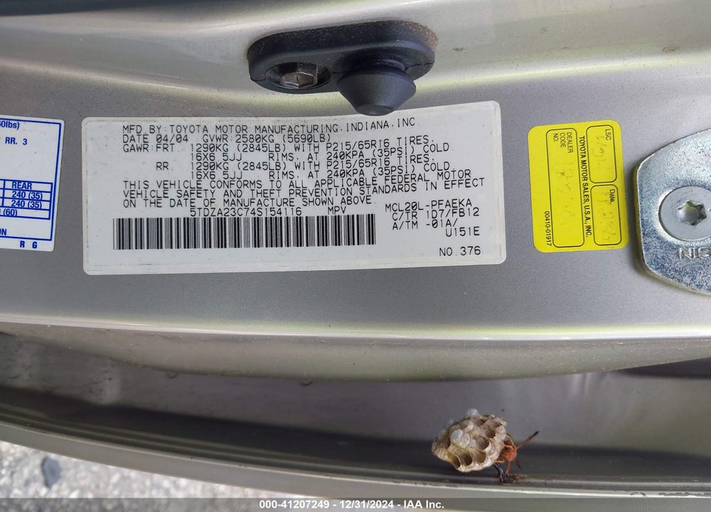2004 TOYOTA SIENNA LE VIN: 5TDZA23C74S154116