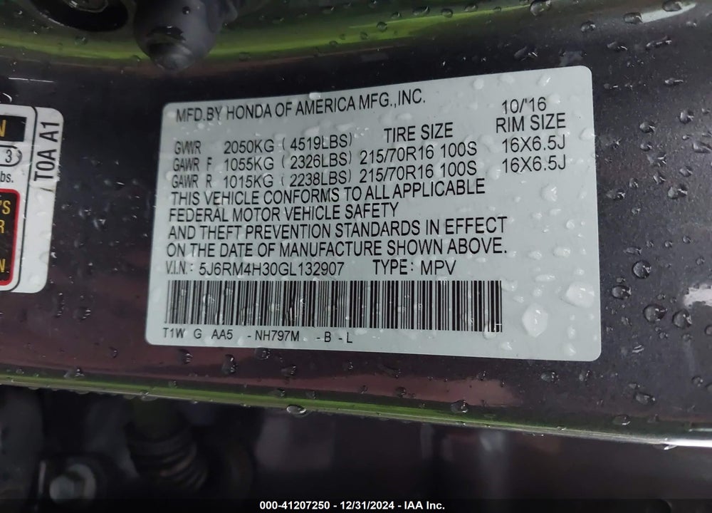 2016 HONDA CR-V LX VIN: 5J6RM4H30GL132907