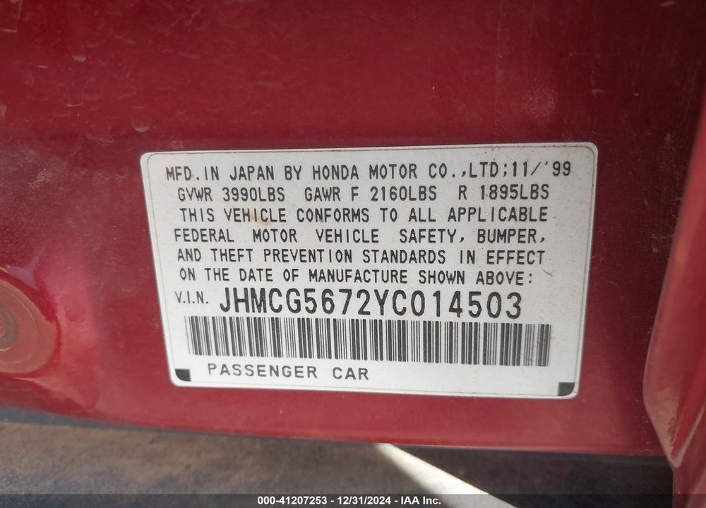 2000 HONDA ACCORD 2.3 SE VIN: JHMCG5672YC014503
