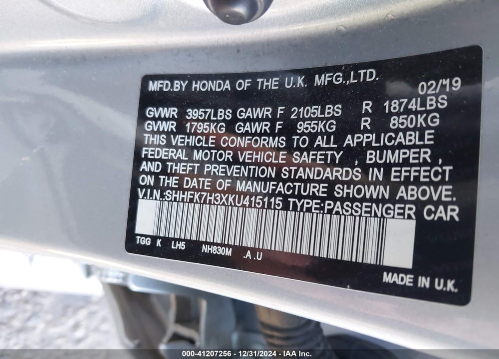 2019 HONDA CIVIC VIN: SHHFK7H3XKU415115
