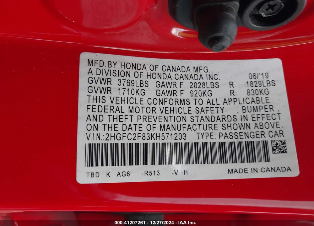 2019 HONDA CIVIC VIN: 2HGFC2F83KH571203