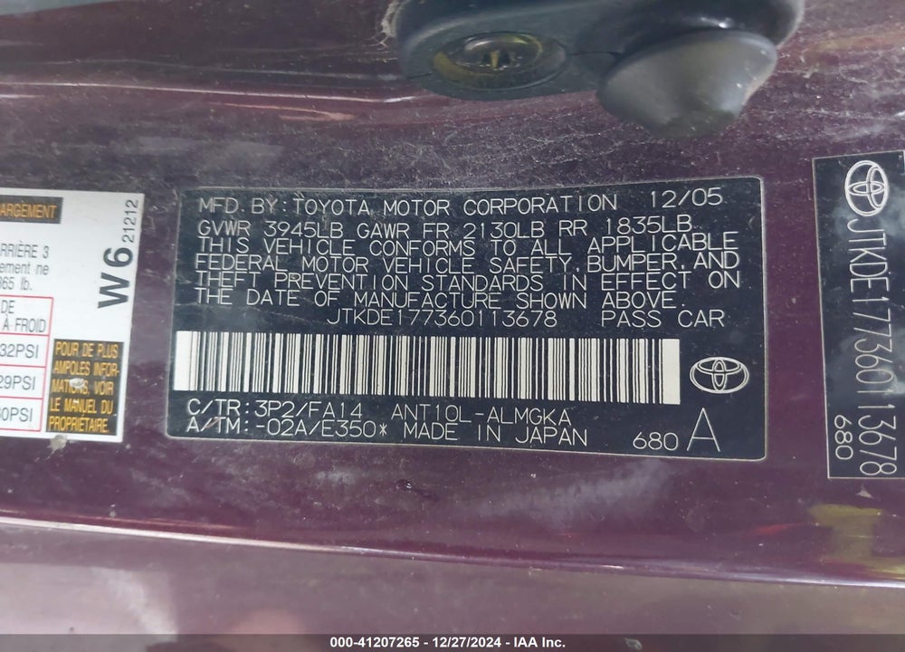2006 SCION TC VIN: JTKDE177360113678