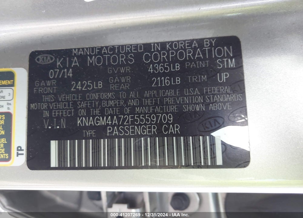 2015 KIA OPTIMA LX VIN: KNAGM4A72F5559709
