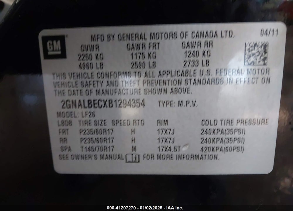 2011 CHEVROLET EQUINOX LS VIN: 2GNALBECXB1294354