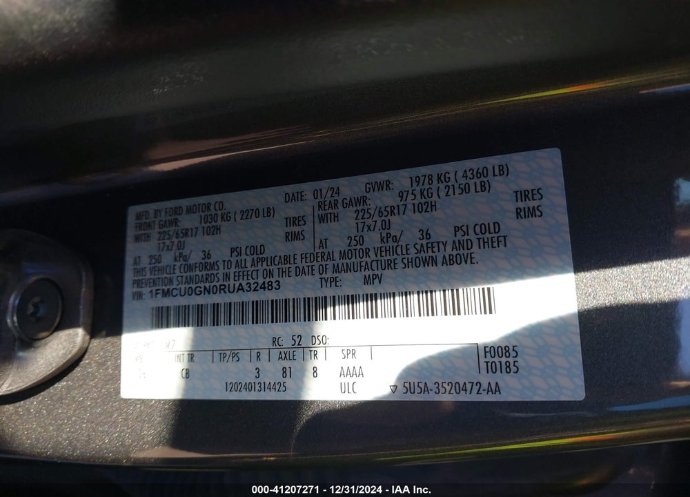 2024 FORD ESCAPE VIN: 1FMCU0GN0RUA32483