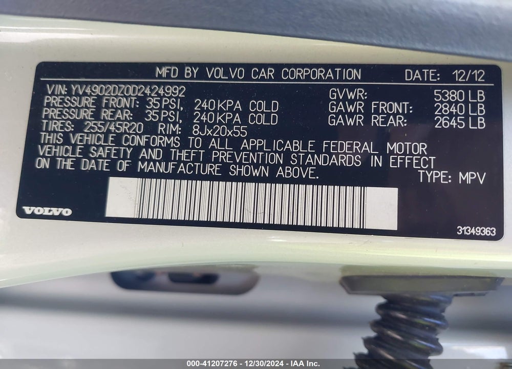 2013 VOLVO XC60 T6 VIN: YV4902DZ0D2424992