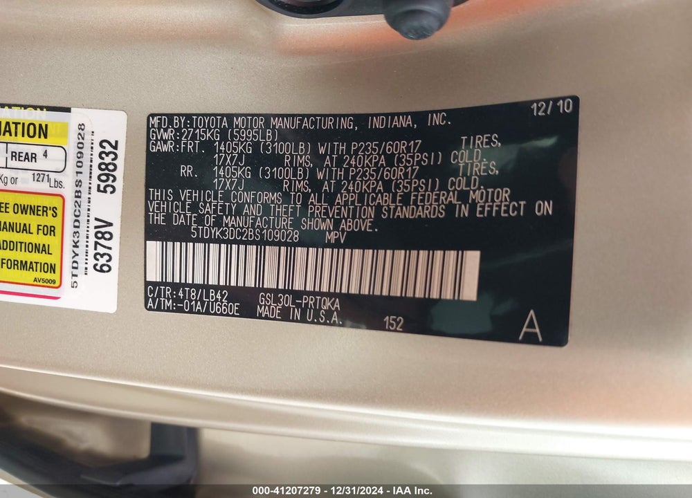 2011 TOYOTA SIENNA XLE LIMITED VIN: 5TDYK3DC2BS109028