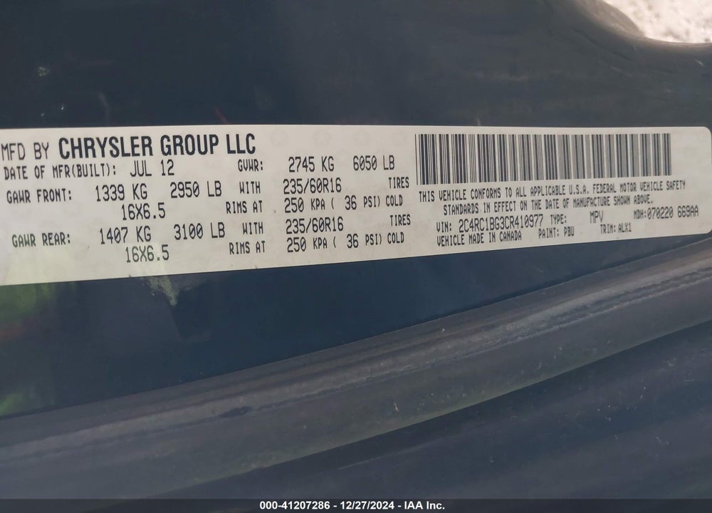 2012 CHRYSLER TOWN & COUNTRY TOURING VIN: 2C4RC1BG3CR410977