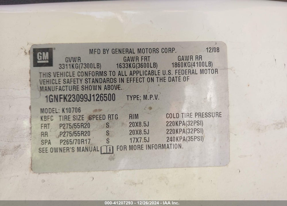 2009 CHEVROLET TAHOE LT1 VIN: 1GNFK23099J126500