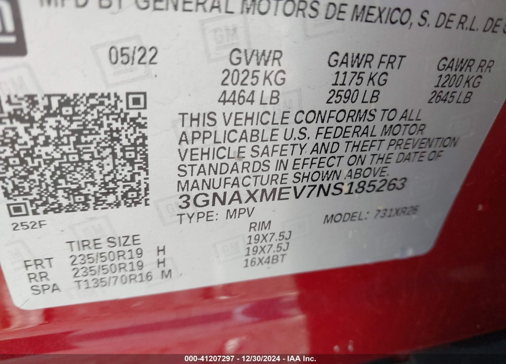 2022 CHEVROLET EQUINOX FWD RS VIN: 3GNAXMEV7NS185263