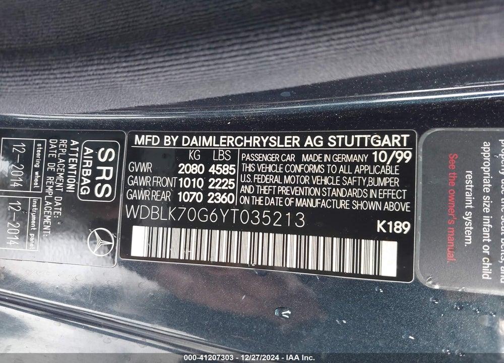2000 MERCEDES-BENZ CLK 430 VIN: WDBLK70G6YT035213