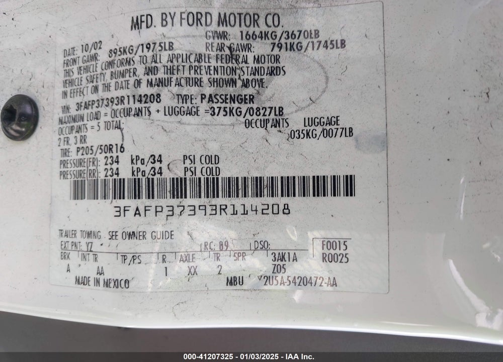 2003 FORD FOCUS ZX5 VIN: 3FAFP37393R114208