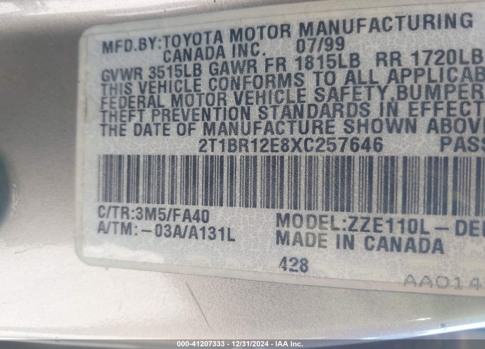 1999 TOYOTA COROLLA VE VIN: 2T1BR12E8XC257646