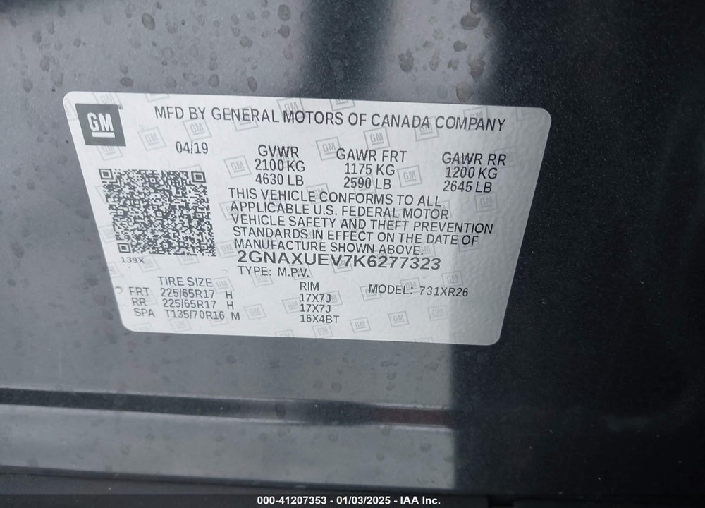 2019 CHEVROLET EQUINOX LT VIN: 2GNAXUEV7K6277323