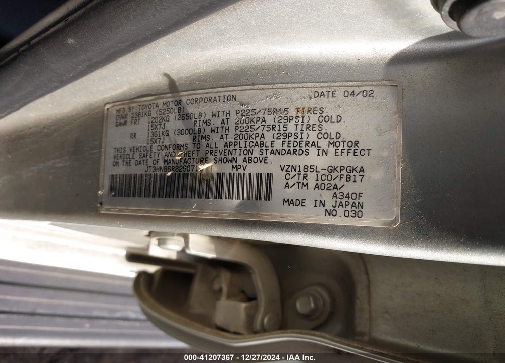 2002 TOYOTA 4RUNNER SR5 V6 VIN: JT3HN86R829071927