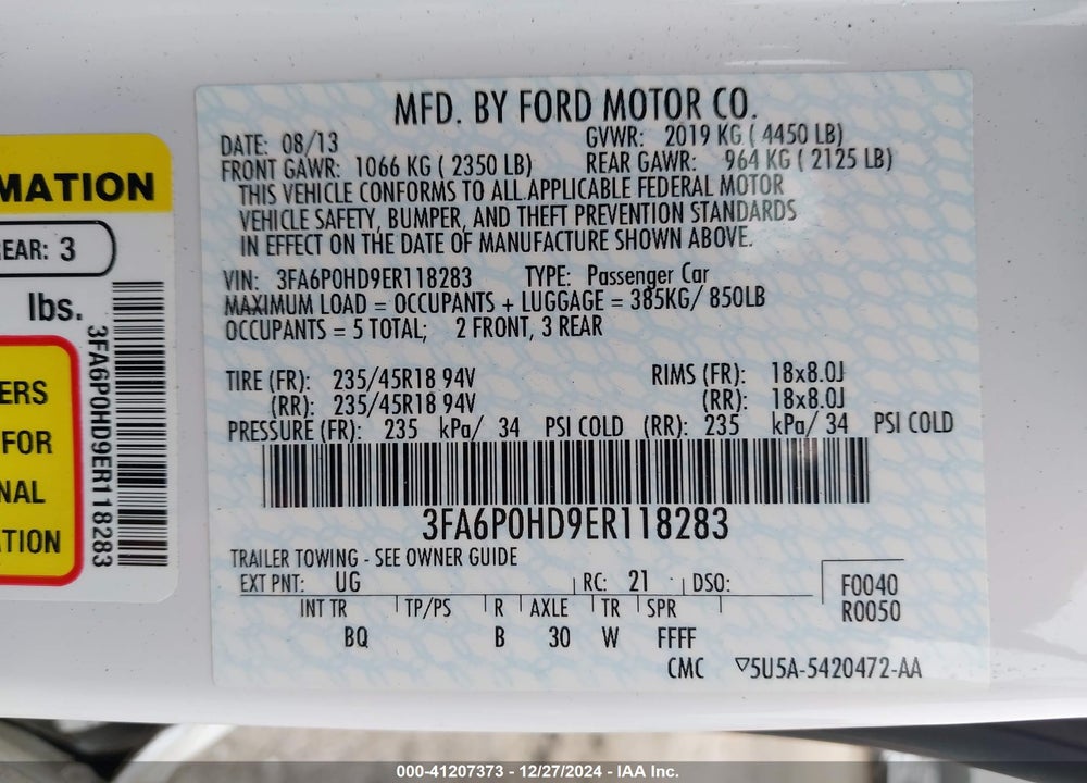 2014 FORD FUSION VIN: 3FA6P0HD9ER118283