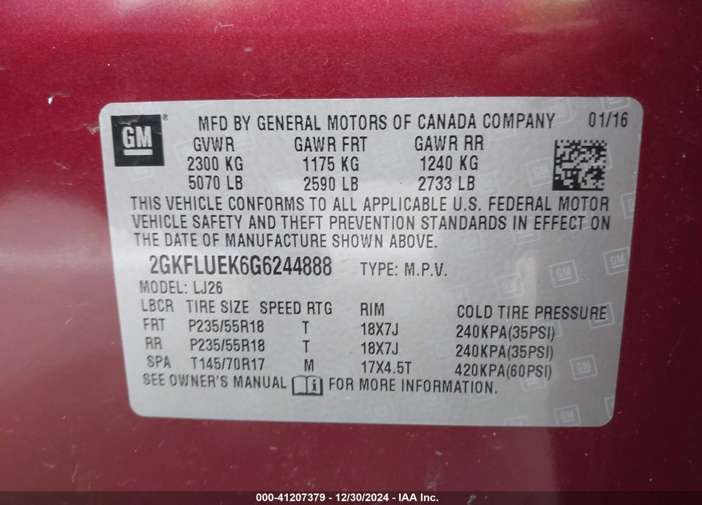 2016 GMC TERRAIN SLT VIN: 2GKFLUEK6G6244888