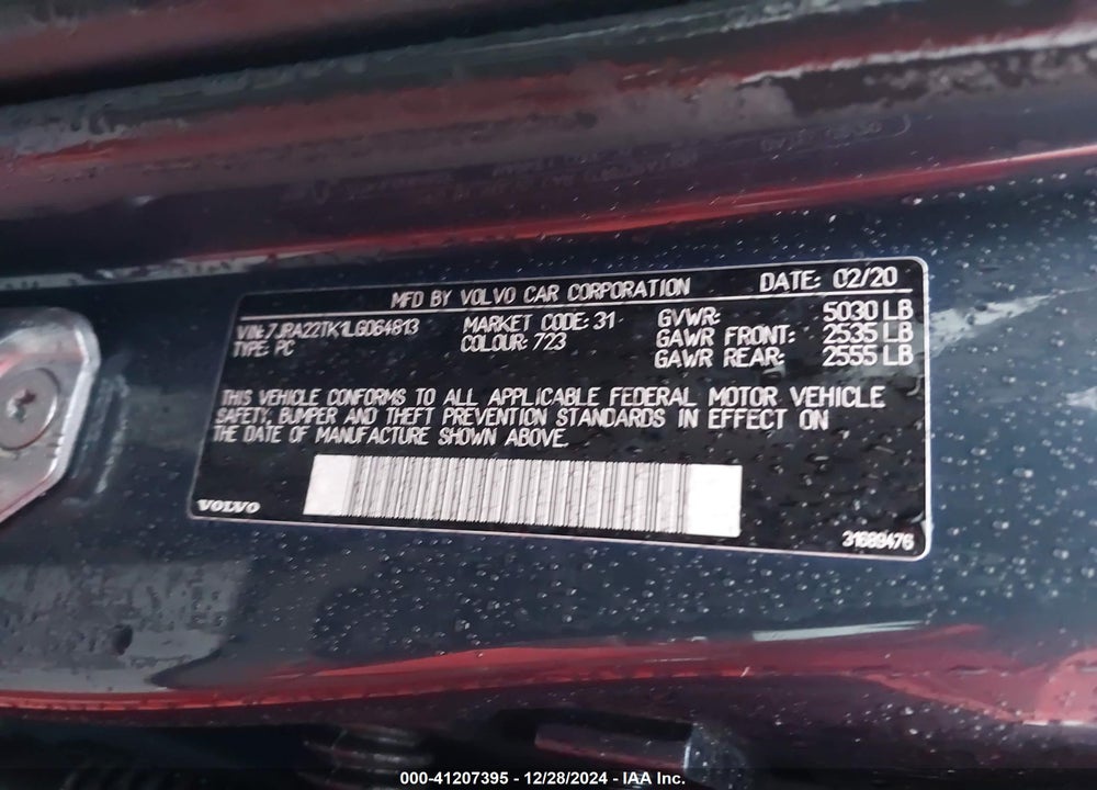 2020 VOLVO S60 VIN: 7JRA22TK1LG064813
