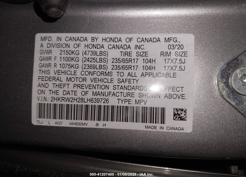 2020 HONDA CR-V AWD LX VIN: 2HKRW2H28LH639726