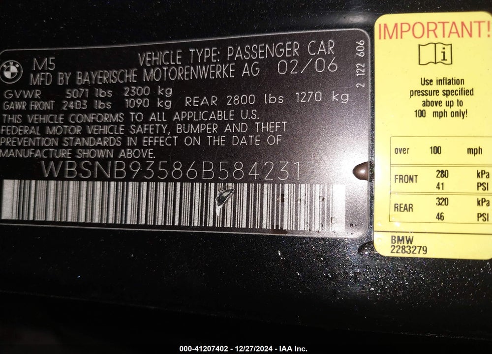 2006 BMW M5 VIN: WBSNB93586B584231