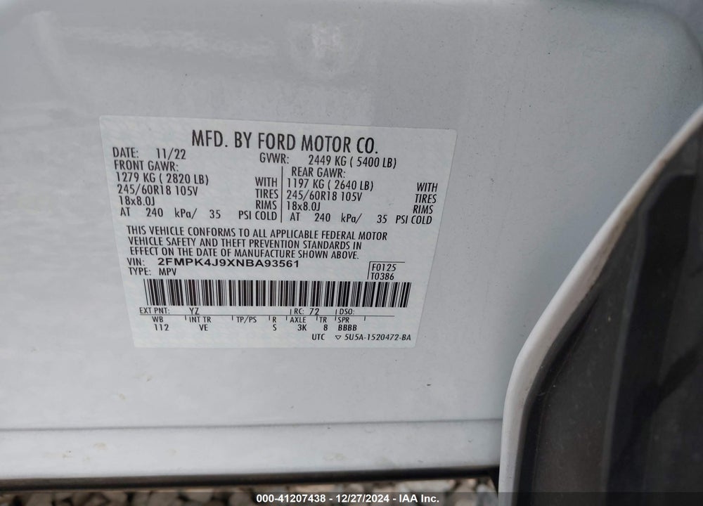 2022 FORD EDGE SEL VIN: 2FMPK4J9XNBA93561
