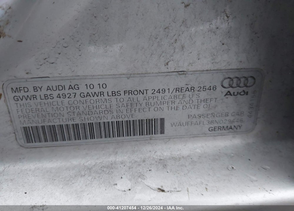 2011 AUDI A4 2.0T PREMIUM VIN: WAUFFAFL3BN029446