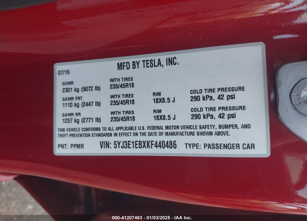 2019 TESLA MODEL 3 VIN: 5YJ3E1EBXKF440486