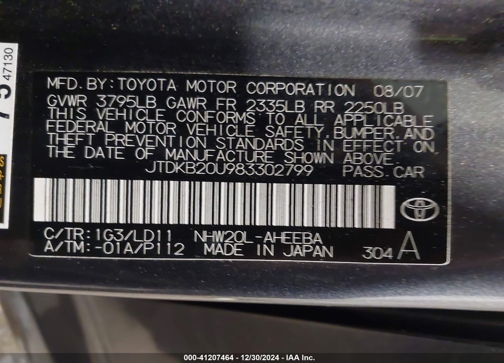 2008 TOYOTA PRIUS VIN: JTDKB20U983302799