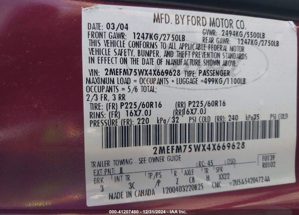 2004 MERCURY GRAND MARQUIS LS VIN: 2MEFM75WX4X669628