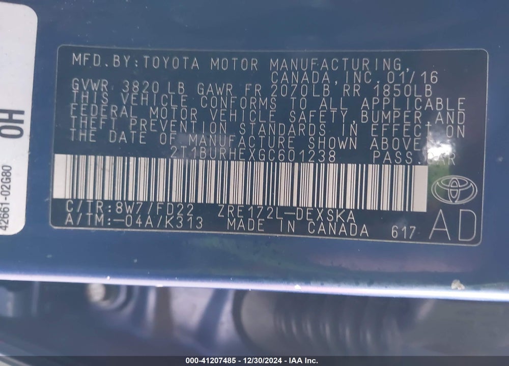 2016 TOYOTA COROLLA S PLUS VIN: 2T1BURHEXGC601238
