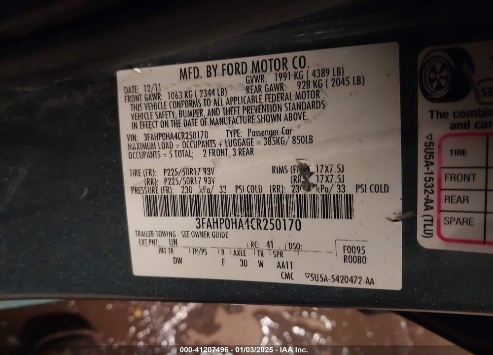 2012 FORD FUSION SE VIN: 3FAHP0HA4CR250170