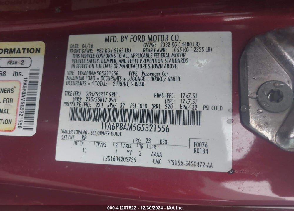 2016 FORD MUSTANG V6 VIN: 1FA6P8AM5G5321556