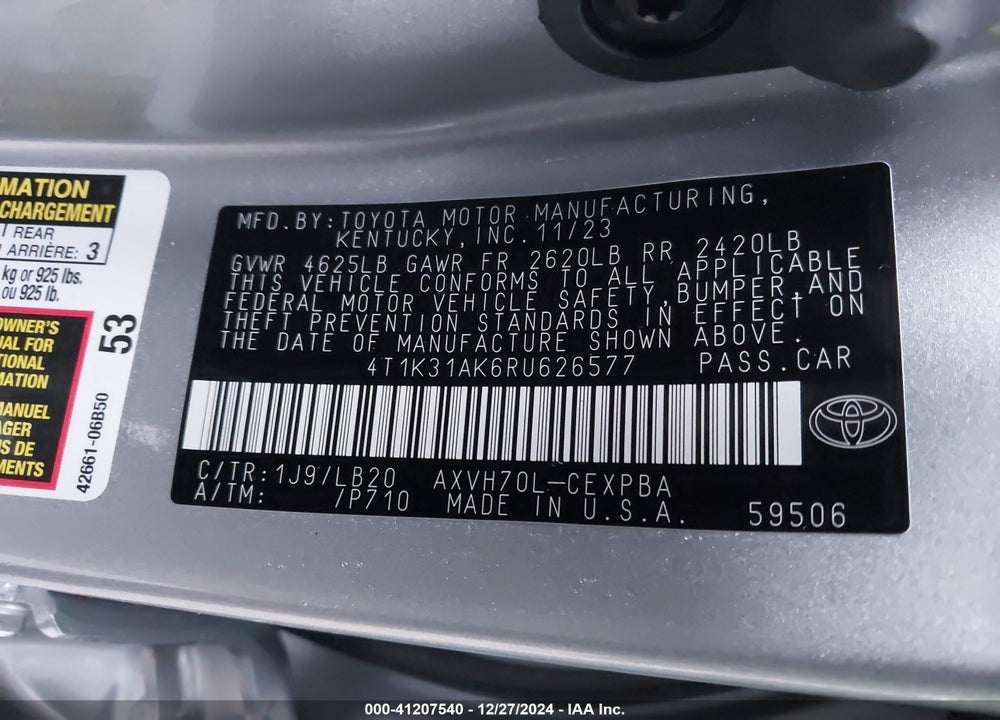 2024 TOYOTA CAMRY HYBRID XSE VIN: 4T1K31AK6RU626577