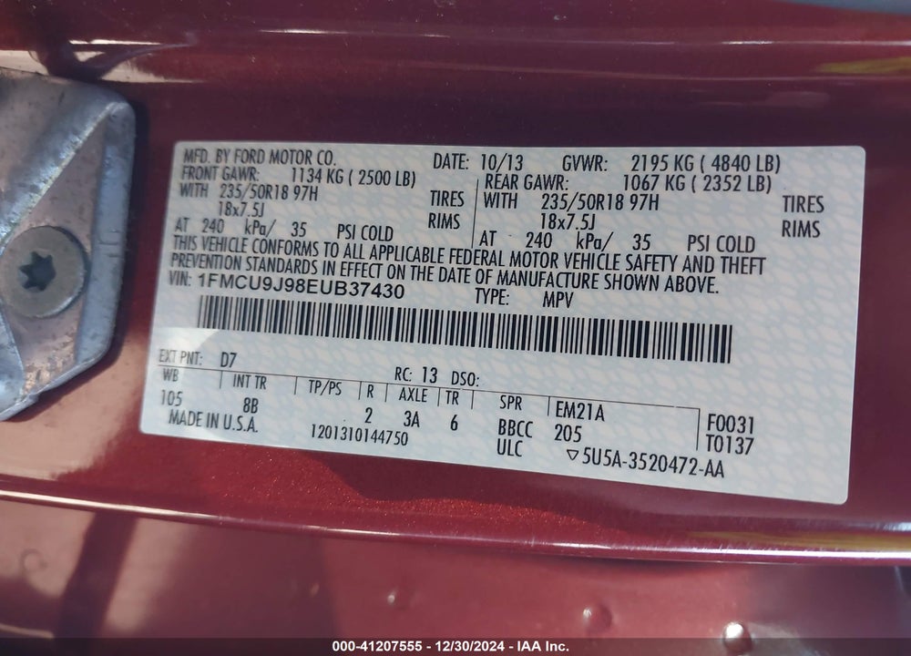 2014 FORD ESCAPE TITANIUM VIN: 1FMCU9J98EUB37430