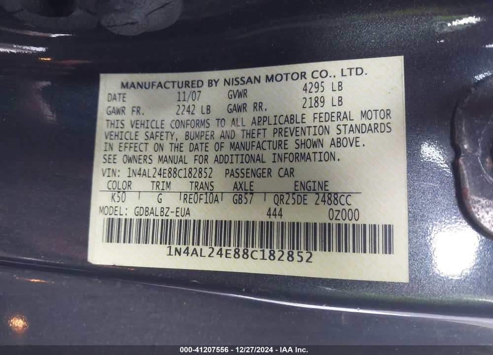 2008 NISSAN ALTIMA 2.5 S VIN: 1N4AL24E88C182852