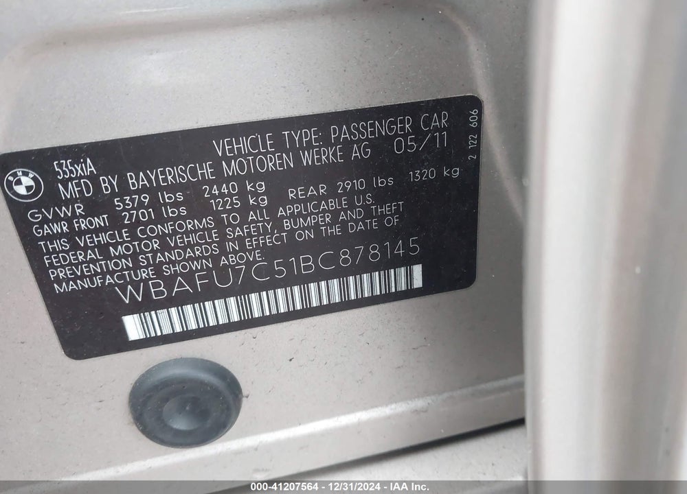 2011 BMW 535I XDRIVE VIN: WBAFU7C51BC878145