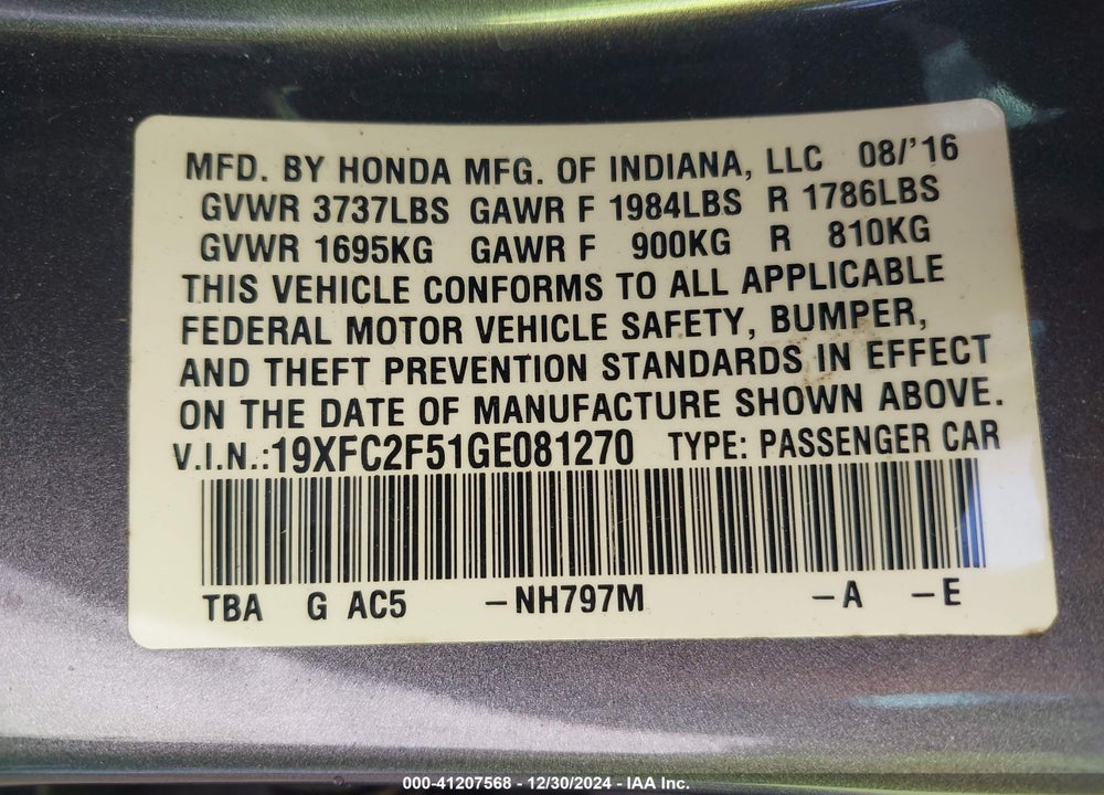2016 HONDA CIVIC VIN: 19XFC2F51GE081270