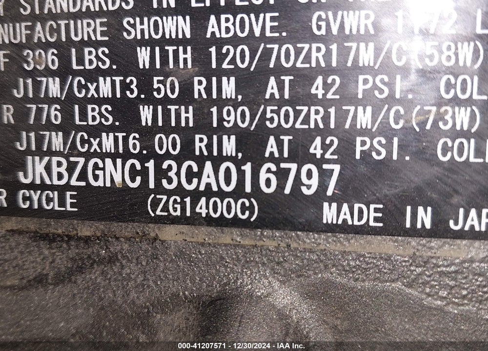 2012 KAWASAKI ZG1400 C VIN: JKBZGNC13CA016797
