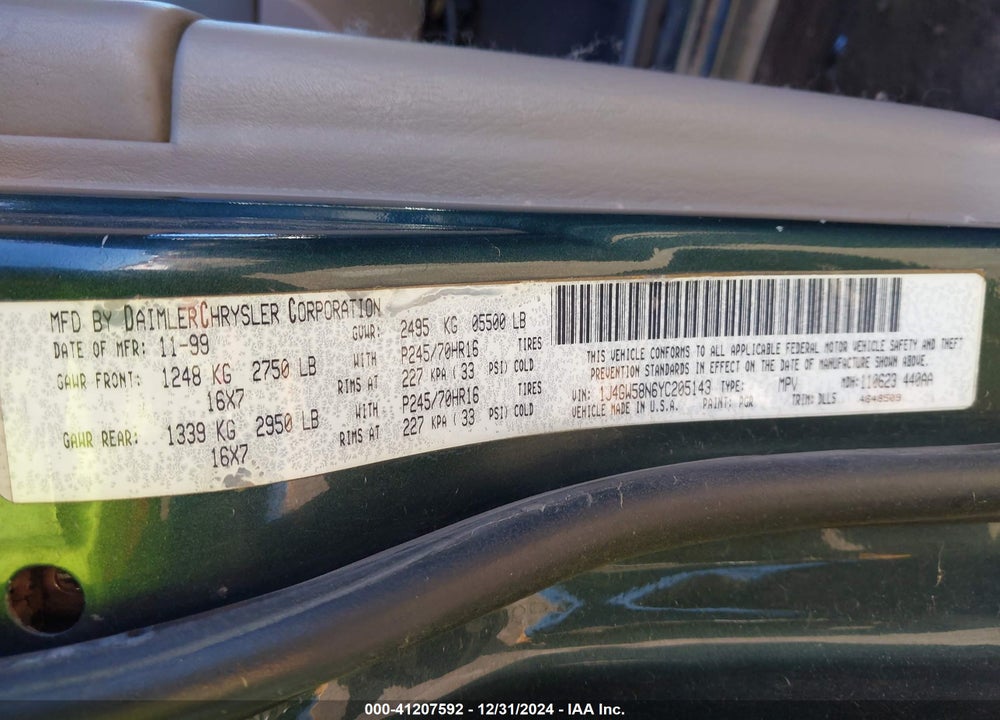 2000 JEEP GRAND CHEROKEE LIMITED VIN: 1J4GW58N6YC205143