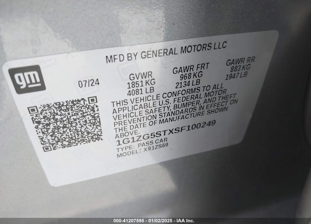 2025 CHEVROLET MALIBU VIN: 1G1ZG5STXSF100249